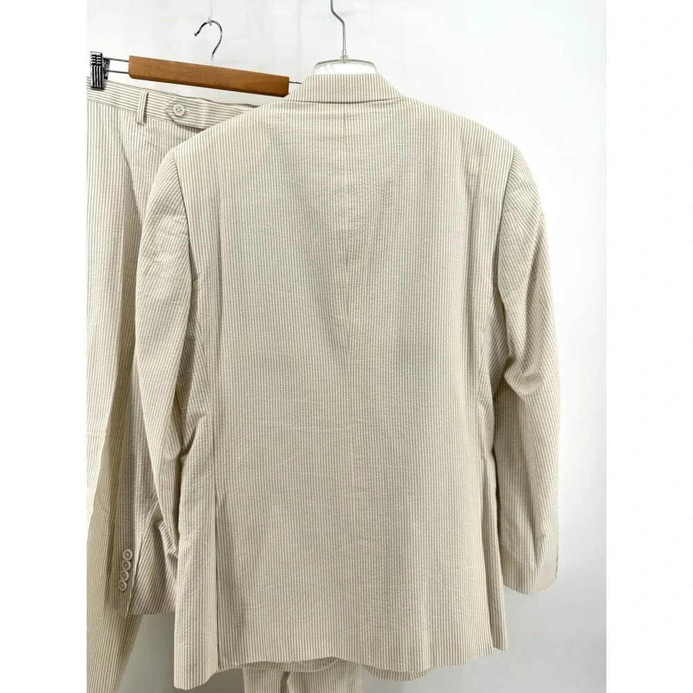 Jos. A. Bank Stays Cool Mens Suit 41L 35W Tan Seersucker Cotton Tailored Fit